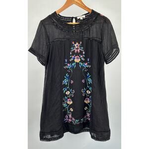 Umgee Black Babydoll Embroidered Cotton Dress with Lace Trim‎ - Women's Medium